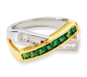 14k yellow and white gold band, with one row of channel set square Emeralds and one row of channel set round Diamonds