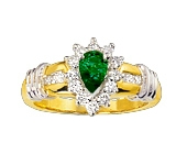 The classic and stately design of this pear shaped 14kt two-toned yellow gold Band is prong set with an exquisite pear shaped Emerald and surrounded by twelve round cut glimmering Diamonds with round cut Diamonds on an elaborate band with white gold acce.